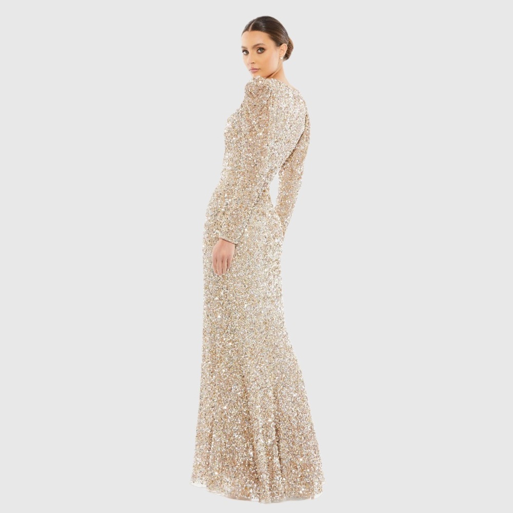 Gold Puff Shoulder Sequined Surplice Gown - Picture 3 of 3